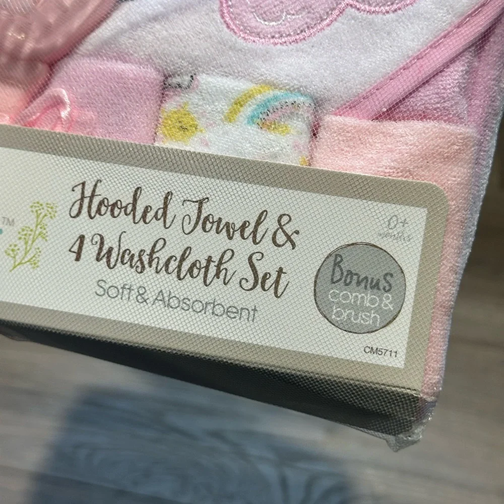 Pink Hooded Towel & Washcloth Set with Brush